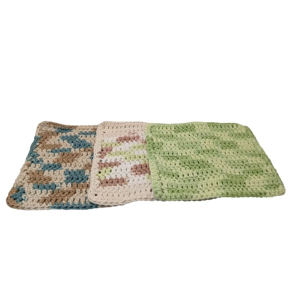 New Handmade Crocheted Potholders Hot Pads Cotton‎ Tan Blue Green Set of Three